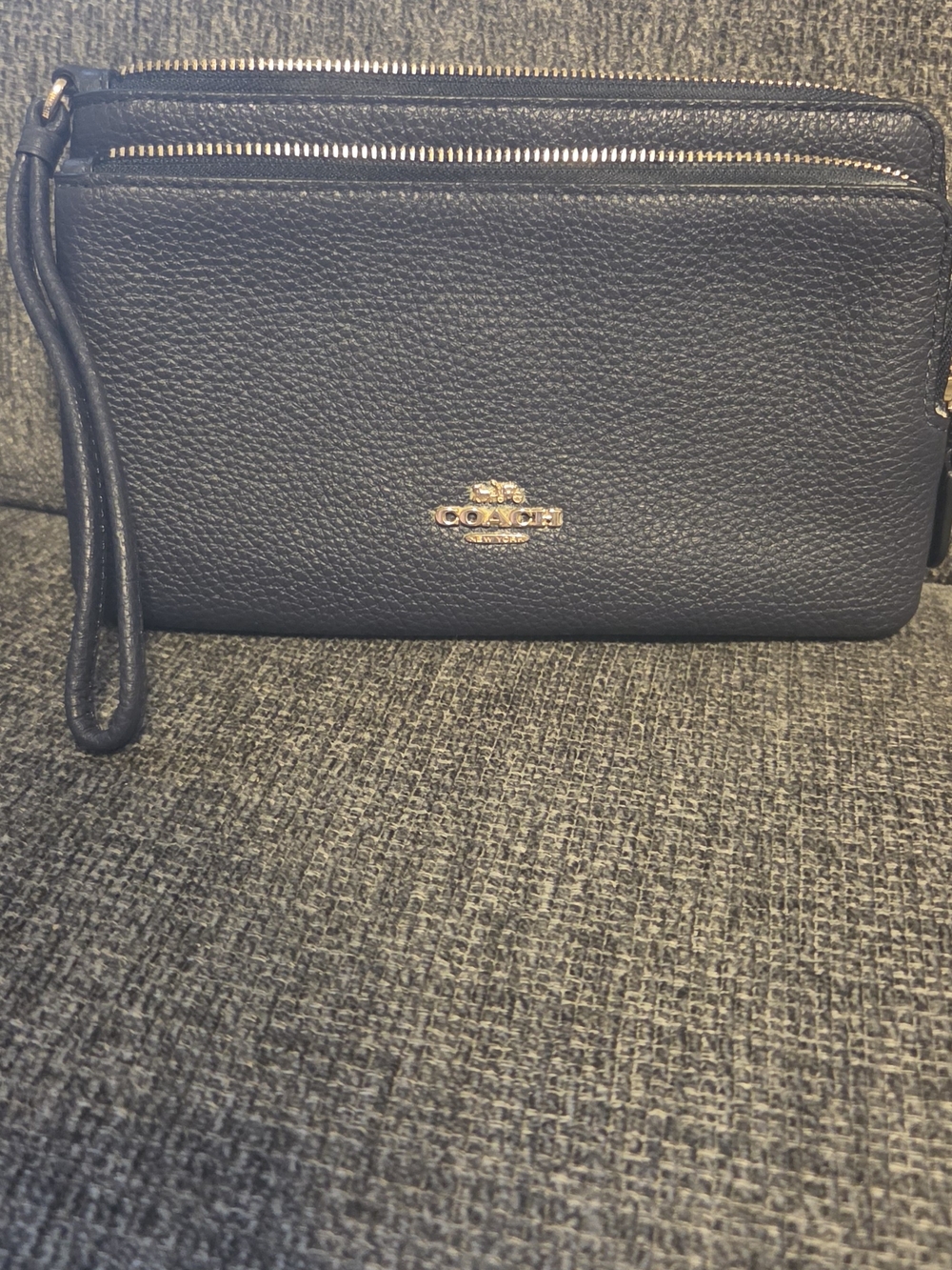 Coach Black Pebbled Leather Wristlet with Gold Hardware